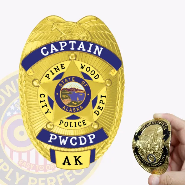 Gold custom flex badge accented by blue panels, showcasing the title "CAPTAIN" at the top. The badge includes text reading "PINE WOOD CITY POLICE DEPT." and "PWCDP," with an Alaska state seal featured prominently in the center. It has a velcro attachment for practical use.