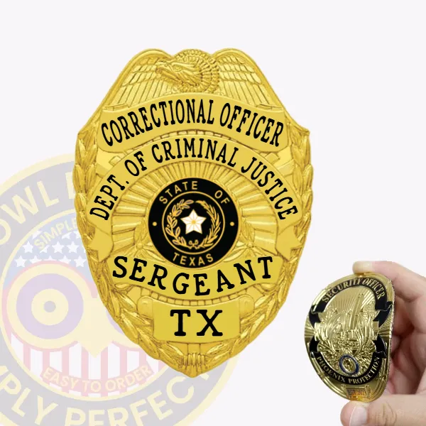 A custom flex badge in a bright gold color, shaped like a traditional shield, representing a Correctional Officer from the Department of Criminal Justice in Texas. The badge prominently displays "CORRECTIONAL OFFICER" at the top, followed by "DEPT. OF CRIMINAL JUSTICE" and "SERGEANT" in bold letters. In the center, it features the state seal of Texas, encircled by decorative elements. The badge also includes "TX" at the bottom and has a velcro attachment on the back for secure and easy wear by correctional staff. A smaller security badge is held in a hand in the foreground, showcasing its design and functionality.