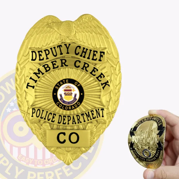 This elegant custom flex badge shines in gold, showcasing "Deputy Chief" and "Timber Creek" at the top. The central design displays the emblem of Colorado within a black circle, accompanied by "Police Department" and "CO." A practical velcro attachment ensures it can be easily applied to uniforms.