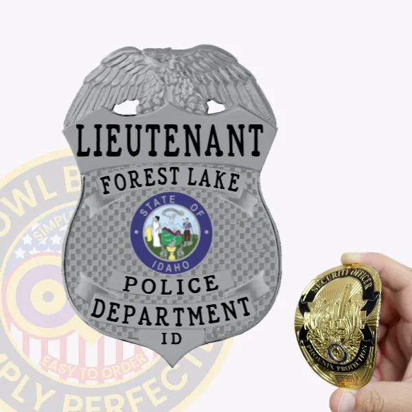 Forest Lake Police Department lieutenant’s custom silver flex badge shaped like a shield with a detailed eagle at the crest, clear black text for rank and department, and the official State of Idaho seal in the middle, attached using velcro.