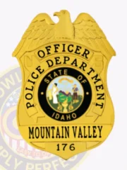 Gold shield-shaped badge with raised eagle at the crest, engraved with black text "OFFICER" on top, "POLICE DEPARTMENT" encircling the colored Idaho state seal in the center, and "MOUNTAIN VALLEY 176" at the bottom, crafted as a custom metal badge with safety pin attachment for Mountain Valley police officers.