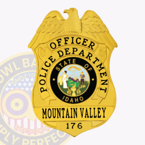 Custom metal badge for Mountain Valley police officer in bright gold, showing an eagle perched atop a shield, black lettering reading "OFFICER" and "POLICE DEPARTMENT," central Idaho state seal in color, and "MOUNTAIN VALLEY 176" engraved below, attached using a safety pin.