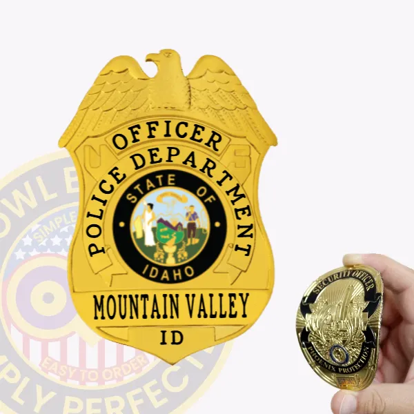 Custom gold eagle top shield flex badge for Mountain Valley police featuring a detailed eagle with spread wings atop a gold shield, engraved with "OFFICER POLICE DEPARTMENT" around the Idaho state seal, and "MOUNTAIN VALLEY ID" at the bottom, designed for easy velcro attachment.