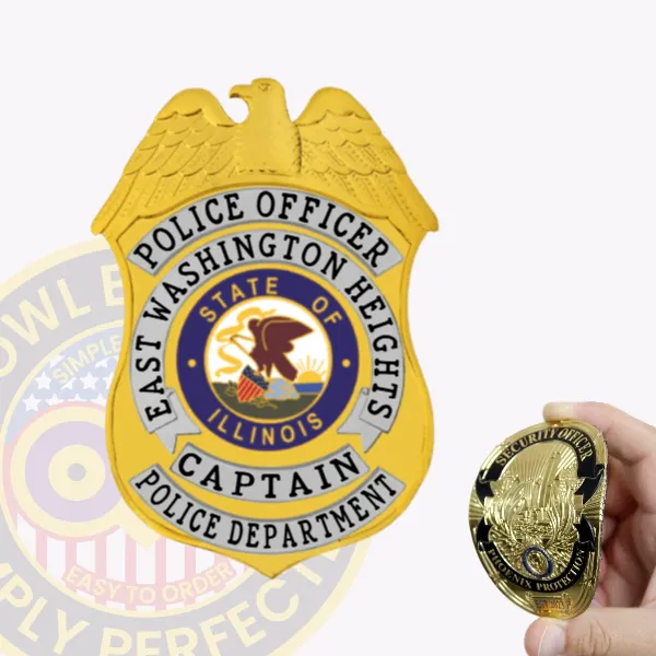 East Washington Heights police custom gold flex badge with an eagle spreading wings atop a shield, black and gray text surrounding the colorful Illinois state seal in the middle, featuring "CAPTAIN" and "POLICE DEPARTMENT" at the bottom, crafted with velcro for easy wear.