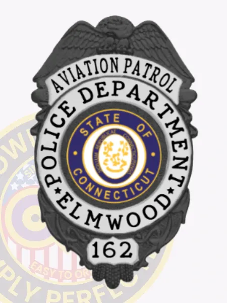 Custom black eagle top shield metal badge for Elmwood police aviation patrol, accented with silver panels displaying black text "AVIATION PATROL POLICE DEPARTMENT ELMWOOD," featuring a detailed black eagle above the Connecticut state emblem in the center, and badge number "162" on a silver panel below, mounted with a safety pin attachment.