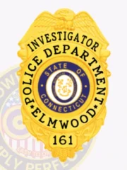 Custom gold eagle top metal badge for Elmwood police investigator, featuring a detailed gold eagle at the top, bold black text "INVESTIGATOR POLICE DEPARTMENT ELMWOOD" encircling the colorful Connecticut state seal, with badge number "161" on a gold panel at the bottom, designed with a safety pin attachment.