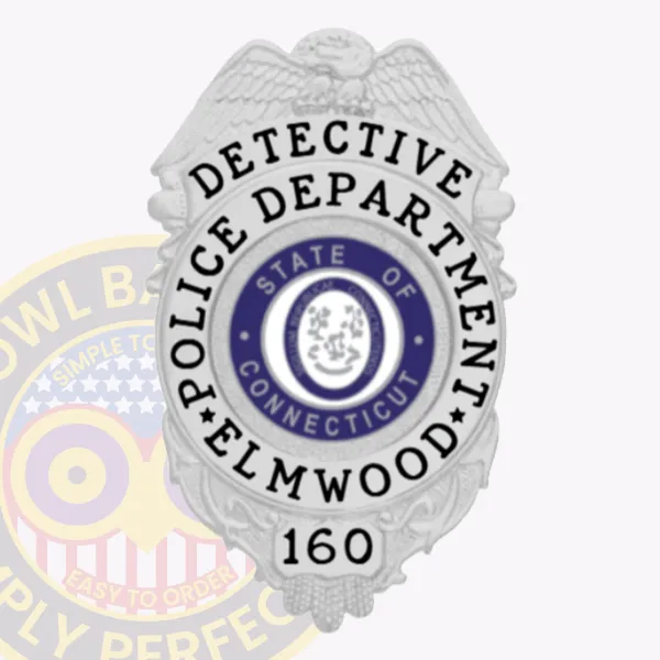 Elmwood police detective custom silver metal badge shaped like a shield, decorated with a raised silver eagle on top, clear black text "DETECTIVE POLICE DEPARTMENT ELMWOOD" around the Connecticut state seal, and badge number "160" on a silver panel at the bottom, equipped with a safety pin.