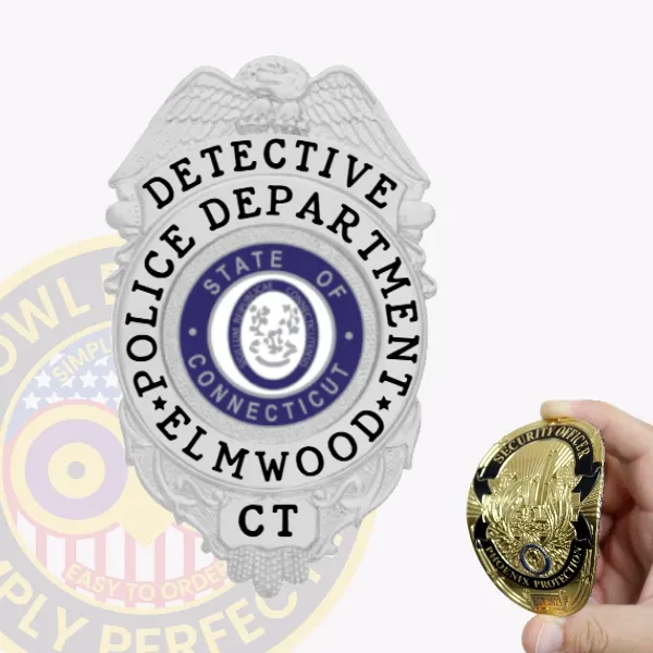 Silver eagle top flex badge for Elmwood police detective, featuring textured eagle design at the crest, black uppercase letters "DETECTIVE POLICE DEPARTMENT ELMWOOD," surrounding the Connecticut state emblem centered in blue and white, with a "CT" panel below, mounted with Velcro.