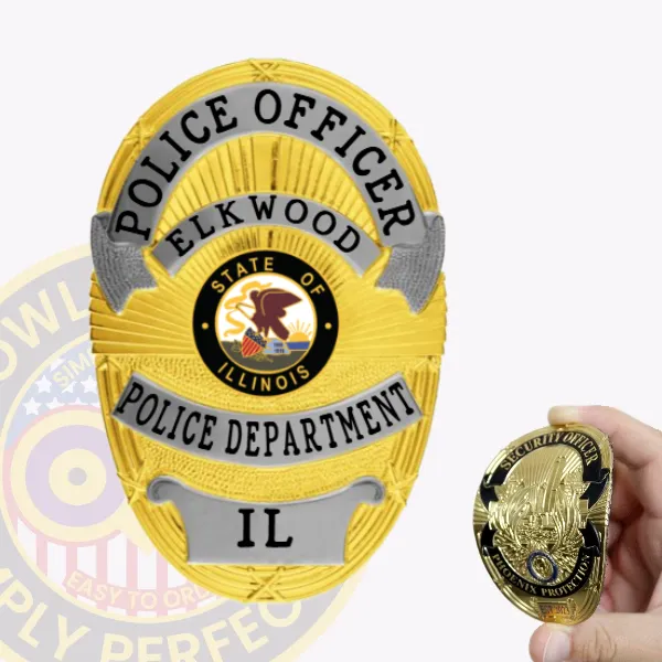 An eye-catching custom flex badge in gold with silver panels and a velcro attachment, showcasing "ELKWOOD" prominently in the middle. The badge features "POLICE OFFICER" at the top and includes the state seal of Illinois, giving it a distinguished look. The combination of gold and silver adds a striking contrast, making it ideal for law enforcement.