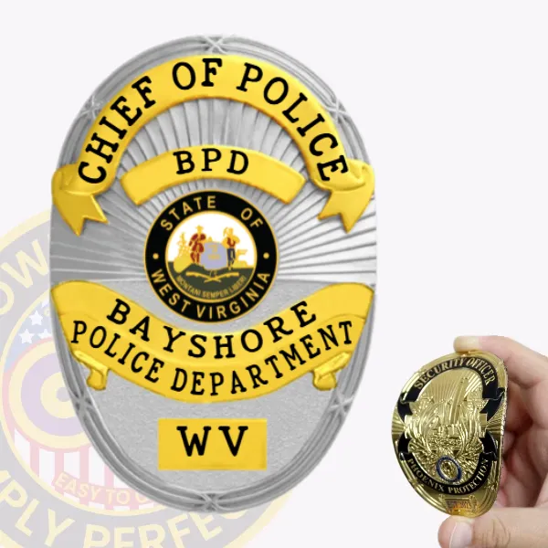 Featuring a sophisticated design, this custom flex badge in silver displays a traditional oval shape complemented by elegant gold accents. "CHIEF OF POLICE" is boldly featured at the top in prominent black lettering. The center houses the Bayshore Police Department emblem, surrounded by "STATE OF WEST VIRGINIA" and "BPD." A sturdy velcro attachment ensures secure placement.