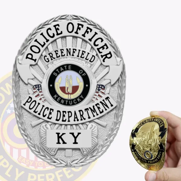 Featuring a modern design, this custom flex badge in silver presents a traditional oval shape with polished edges. "POLICE OFFICER" is boldly displayed at the top in prominent black font. Centrally located is the Greenfield Police Department emblem, encircled by "STATE OF KENTUCKY." The bottom section reads "POLICE DEPARTMENT" and "KY," enhancing its authority. A sturdy velcro attachment ensures secure placement.