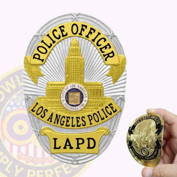 A striking custom flex badge in silver adorned with gold panels prominently displays "POLICE OFFICER" at the top. The badge features a detailed illustration of the Los Angeles City Hall at its center, surrounded by "LOS ANGELES POLICE" and "LAPD." It includes a velcro attachment for reliable fastening.