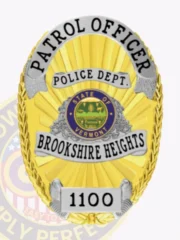 A visually appealing custom metal badge in gold with silver panels and a safety pin attachment, displaying "PATROL OFFICER" prominently at the top. The central area includes the state seal of Vermont, beautifully bordered by intricate designs that enhance its authoritative look.