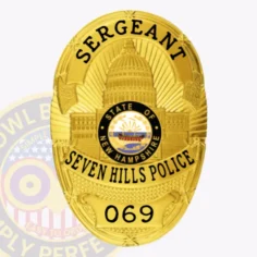 This elegant custom metal badge in gold features "sergeant" at the top in bold letters. The central design showcases an image of the state capitol building, framed by a circular emblem stating "state of new hampshire. " the badge also includes "seven hills police" and "069," designed with a safety pin attachment for convenient wear.