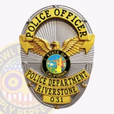 Vintage Oval Badge With Eagle Center, 4 Text Panels, Double Lined Border 6 A striking custom metal badge in silver accented with gold features a safety pin attachment for secure wearing. The badge displays "police officer" at the top in eye-catching font, accompanied by detailed wing motifs. The center showcases a circular representation of california’s state seal, framed by "police department riverstone" and the unique number "031. "