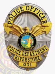 This distinctive custom metal badge in silver, with elegant gold accents and a safety pin attachment, highlights the title "POLICE OFFICER" prominently at the top. The badge is adorned with ornate wing designs, while its central emblem features California’s state seal, bordered by "POLICE DEPARTMENT RIVERSTONE" and the number "031."