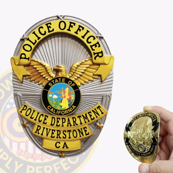 This elegant custom flex badge in silver presents a distinctive oval shape adorned with detailed gold accents. The title "POLICE OFFICER" is prominently displayed at the top in bold black letters. The center features the state seal of California, surrounded by "POLICE DEPARTMENT" and "RIVERSTONE." A velcro attachment provides an easy way to secure the badge.