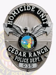 An eye-catching custom metal badge in silver with sleek black reverse enamel accents includes a secure safety pin attachment. The badge features "HOMICIDE UNIT" prominently displayed at the top, complemented by intricate wing designs. The center features a circular emblem of California’s state seal, bordered by "CEDAR RANCH POLICE DEPT." and the number "035."
