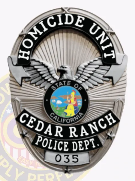 An eye-catching custom metal badge in silver with sleek black reverse enamel accents includes a secure safety pin attachment. The badge features "HOMICIDE UNIT" prominently displayed at the top, complemented by intricate wing designs. The center features a circular emblem of California’s state seal, bordered by "CEDAR RANCH POLICE DEPT." and the number "035."