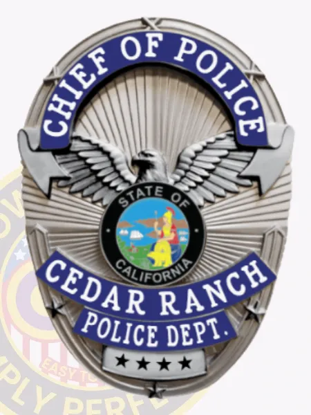 A visually appealing custom metal badge in silver with striking blue reverse enamel accents showcases a safety pin attachment for easy wearing. The badge features "CHIEF OF POLICE" boldly displayed at the top, complemented by intricate wing motifs. In the center, the badge features a circular representation of California’s state seal, encircled by "CEDAR RANCH POLICE DEPT." and adorned with decorative stars below.