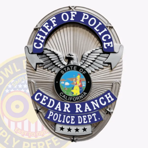 his distinctive custom metal badge in silver, featuring eye-catching blue reverse enamel accents and a secure safety pin attachment, prominently showcases "CHIEF OF POLICE" at the top. The badge is adorned with detailed eagle wings, while its central emblem displays California's state seal, framed by "CEDAR RANCH POLICE DEPT." and decorative stars beneath.