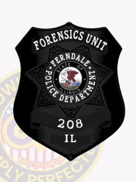 Custom black shield metal badge featuring an inner 7-point star with the text Forensics Unit on top and Ferndale Police Department encircling the Illinois state seal in the center, numbered 208 with IL below, attached with a safety pin.