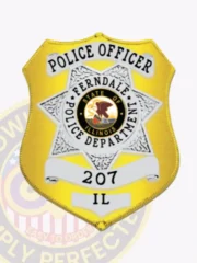 Ferndale Police custom gold metal shield badge featuring a silver 7-point star with the state of Illinois seal, labeled “Police Officer,” numbered 207 IL, and secured with a safety pin on the back.
