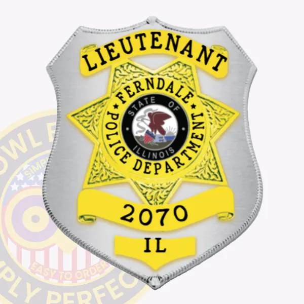 Detailed custom silver shield badge for Ferndale Police Lieutenant, with a gold star design enclosing the state of Illinois seal, “Lieutenant” text at the top, numbered 2070 IL, equipped with safety pin fastening.
