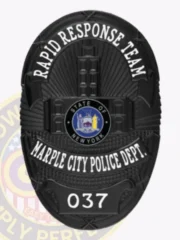An elegant custom metal badge in black, equipped with a safety pin attachment, highlights "RAPID RESPONSE TEAM" boldly at the top. The badge features an intricate design with the state seal of New York in the center, framed by "MARPLE CITY POLICE DEPT." and the number "037," enhancing its formal appearance.