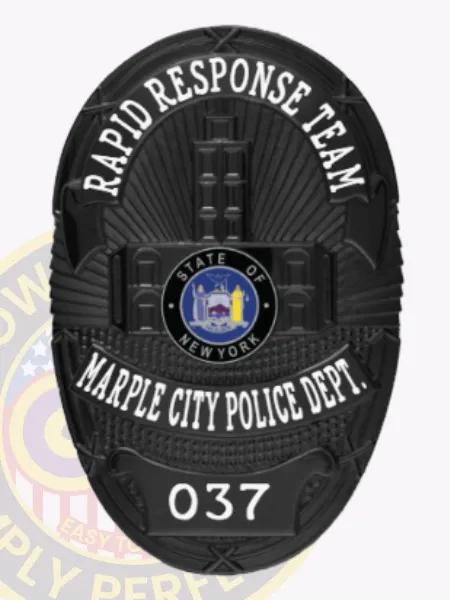 An elegant custom metal badge in black, equipped with a safety pin attachment, highlights "RAPID RESPONSE TEAM" boldly at the top. The badge features an intricate design with the state seal of New York in the center, framed by "MARPLE CITY POLICE DEPT." and the number "037," enhancing its formal appearance.