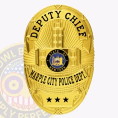This distinctive custom metal badge in gold, complete with a safety pin attachment, proudly displays "deputy chief" at the top. The badge is enhanced by an emblem featuring new york’s state seal, framed by "marple city police dept. " and three decorative stars beneath, making it an eye-catching accessory for officers.