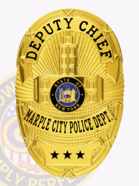 An impressive custom metal badge in gold, featuring a safety pin attachment, showcases "DEPUTY CHIEF" in prominent lettering at the top. The badge is adorned with an emblem of the state seal of New York and includes "MARPLE CITY POLICE DEPT." along with three stars, creating a professional look for law enforcement personnel.