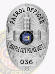 This striking custom metal badge in silver is designed with a secure safety pin attachment and prominently displays "PATROL OFFICER" at the top. The badge features a central circular emblem depicting New York’s state seal, surrounded by "MARPLE CITY POLICE DEPT." and the identifier "036," making it an eye-catching accessory for law enforcement.