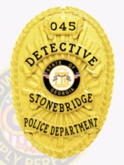 This custom metal badge in gold with safety pin attachment prominently features the word "DETECTIVE" at the top in bold black letters against the shiny gold backdrop. Below, "STONEBRIDGE" is displayed prominently, leading into "POLICE DEPARTMENT" at the bottom. The central emblem showcases the state seal of Georgia, with "045" highlighted at the top for identification.