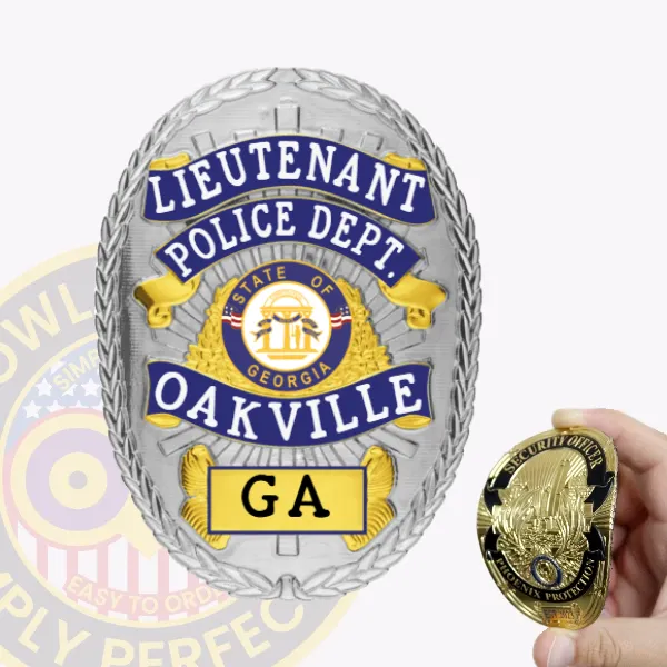 An elegant custom flex badge in silver with reverse enamel blue accents and with velcro attachment showcases the title "LIEUTENANT" prominently at the top in large, bold white text. Just beneath, "POLICE DEPT." stands out, while "OAKVILLE" is displayed in eye-catching blue. The badge features the Georgia state seal at its center, with "GA" highlighted in a gold banner at the base.