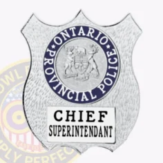Shield-shaped custom silver metal badge for ontario provincial police chief superintendant, displaying the province’s coat of arms within a blue circle and “ontario provincial police” text, with “chief superintendant” label beneath, attached via safety pin.