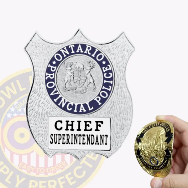 Ontario Provincial Police custom silver flex shield badge displaying the official provincial emblem surrounded by a blue ring with “Ontario Provincial Police” text, labeled “Chief Superintendant” beneath, designed with velcro backing.