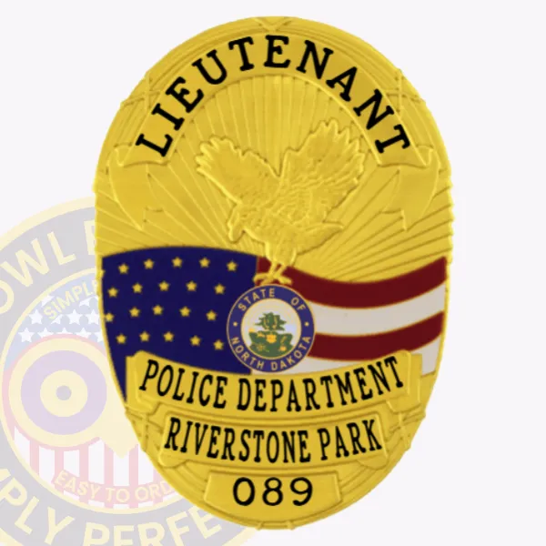 This custom metal badge in gold showcases the title "LIEUTENANT" prominently at the top in bold black letters, creating a striking contrast against the shiny surface. The badge features an eagle emblem, complemented by the flags of South Dakota and the United States, with "POLICE DEPARTMENT," "RIVERSTONE PARK," and the number "089" clearly displayed below. A safety pin attachment ensures secure wear on uniforms.