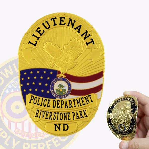 This stylish custom flex badge in gold presents "LIEUTENANT" at the top in bold black lettering, enhancing its visibility. The center features a striking eagle design set against the flags of North Dakota and the U.S., accompanied by "POLICE DEPARTMENT," "RIVERSTONE PARK," and "ND." The velcro attachment allows for secure and adaptable wear on any uniform.