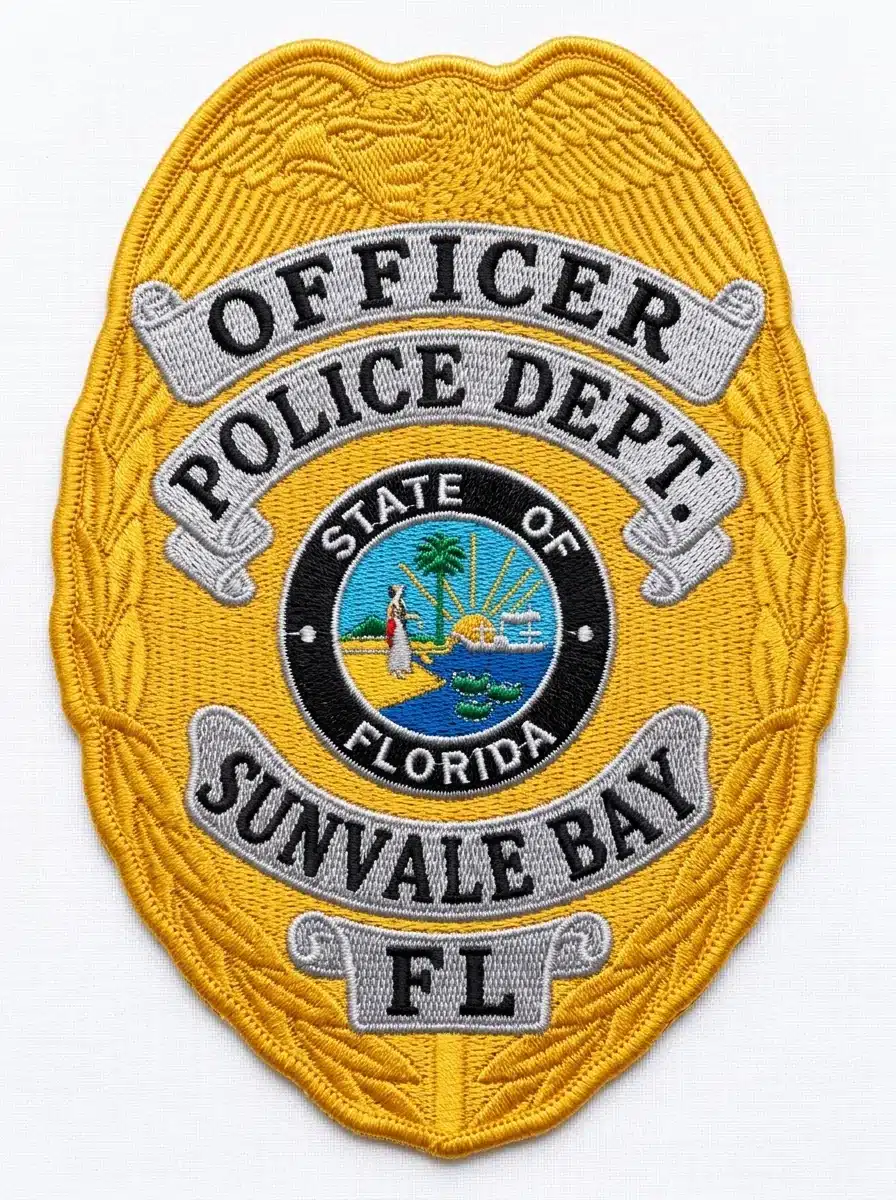 Embroidered gold police badge patch with a laurel wreath border, an eagle crest, silver scroll banners with black lettering and a full-color state seal