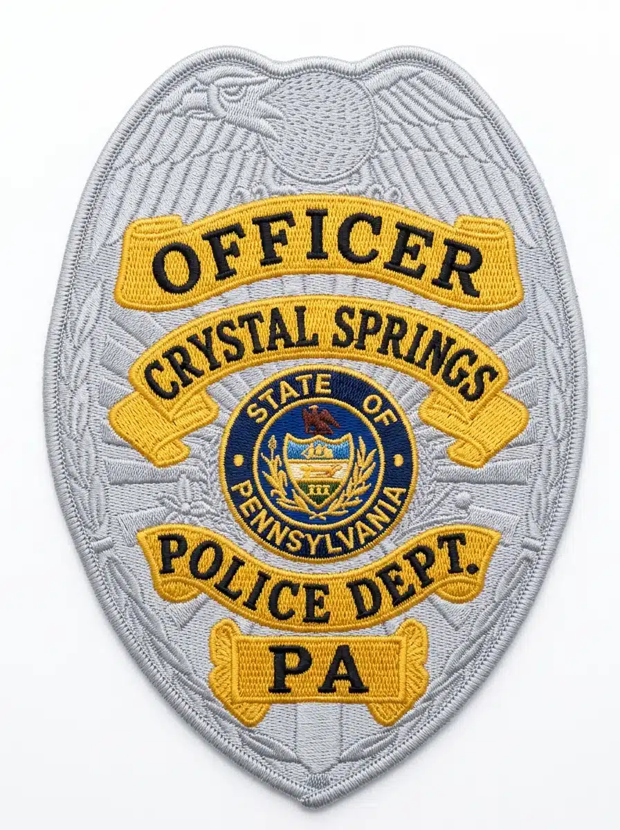 Embroidered silver police badge patch with laurel leaves, an eagle crest, gold scroll banners with black lettering and a full-color state seal in a navy ring