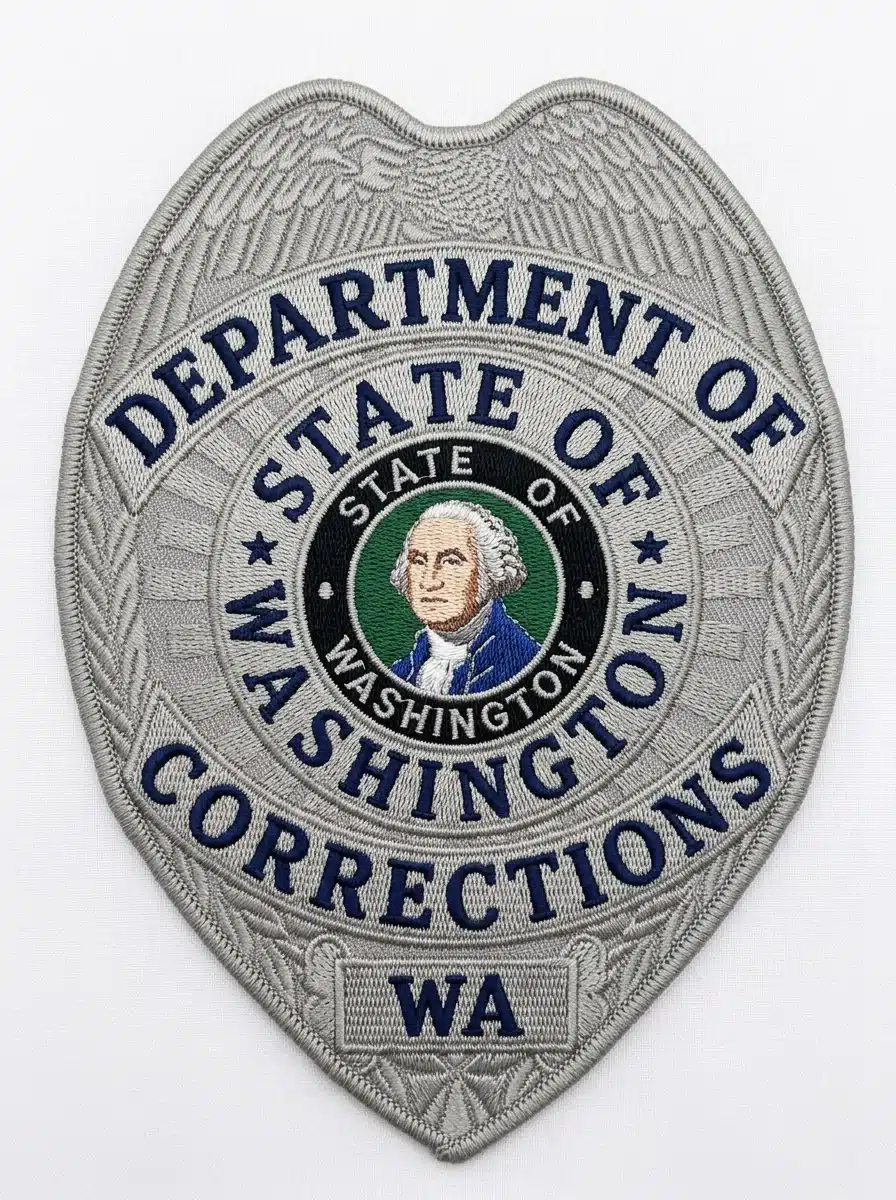Embroidered eagle-top badge patch in silver gray with navy lettering, a full-color state seal at the center and a silver embroidered edge