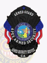 Highlighted here is a custom metal badge for armed security in a sophisticated black hue. The eagle emblem sits proudly at the top, with the text "ARMED GUARD" displayed prominently in bold lettering. The center showcases the California state seal, framed by "APEX ARMED SECURITY," while "ARMED SECURITY SERVICE" appears below along with "CA." The badge includes a reliable safety pin attachment for easy use.