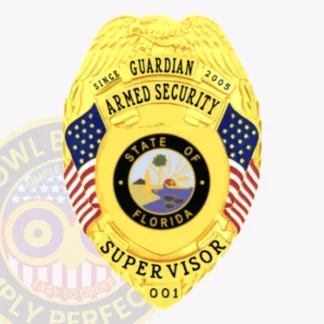 This detailed depiction shows a custom metal badge for armed security in a sophisticated gold hue. The top displays an eagle symbol, with "Guardian Armed Security" elegantly written above. The center features the state seal of Florida, flanked by red and white stripes, while "Supervisor 001" is clearly noted at the bottom. A secure safety pin attachment adds to its functionality.
