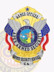 This detailed view shows a custom metal badge for armed security in a vibrant gold color paired with stylish silver panels. At the top, the words "ARMED OFFICER" are prominently displayed in bold lettering, alongside an eagle motif. The center features the California state seal encircled by "APEX ARMED SECURITY," while "ARMED SECURITY SERVICE" and "CA" are clearly marked below. A safety pin attachment allows for convenient and secure wearing of the badge.