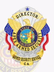 This custom metal badge for armed security features a sleek silver finish accented with luxurious gold panels. At the top, the word "DIRECTOR" is boldly displayed in gold lettering, flanked by two eagle motifs. The center showcases the state seal of California, surrounded by "APEX ARMED SECURITY." Below, "ARMED SECURITY SERVICE" is clearly marked, along with "CA" at the bottom. A safety pin attachment allows for secure and easy wear.