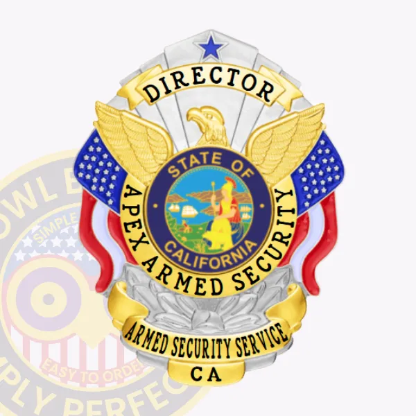 Showcased here is a striking silver custom metal badge for armed security, enhanced with elegant gold accents. The title "DIRECTOR" is prominently featured at the top in gold letters, while two eagle designs add a distinguished touch. The central area displays the California state seal, framed by "APEX ARMED SECURITY." Below it, "ARMED SECURITY SERVICE" and "CA" are clearly indicated. A functional safety pin attachment provides convenience for wearing.