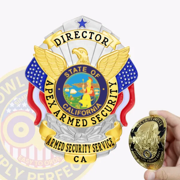 This image depicts a custom flex badge for armed security with a shiny silver surface enhanced by elegant gold panels. The word "DIRECTOR" is featured prominently at the top in gold, complemented by eagle designs on each side. The center includes the state seal of California, framed by "APEX ARMED SECURITY," while "ARMED SECURITY SERVICE" and "CA" are marked below. A velcro attachment ensures secure and comfortable wear.