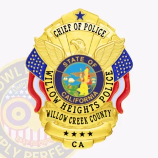 Close up of a custom metal badge in gold with safety pin attachment, designed for the Chief of Police in Willow Heights, California. The badge features an eagle and star at the top, with "CHIEF OF POLICE" prominently displayed. The central emblem showcases the state of California, surrounded by the text "WILLOW HEIGHTS POLICE" and "WILLOW CREEK COUNTY." The shiny gold finish enhances its official appearance, while the safety pin attachment allows for secure fastening to uniforms, making it both functional and visually striking for law enforcement professionals.