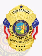 Custom metal badge in gold with safety pin attachment, designed for the Chief of Police in Willow Heights, California. The badge features a prominent eagle at the top and a blue star, with "CHIEF OF POLICE" displayed above a central circular emblem that showcases the state of California. The badge includes the text "WILLOW HEIGHTS POLICE" and "WILLOW CREEK COUNTY" encircling the emblem, along with the abbreviation "CA" at the bottom. Its shiny gold finish and safety pin attachment ensure secure fastening to uniforms, making it both practical and visually striking for law enforcement professionals.